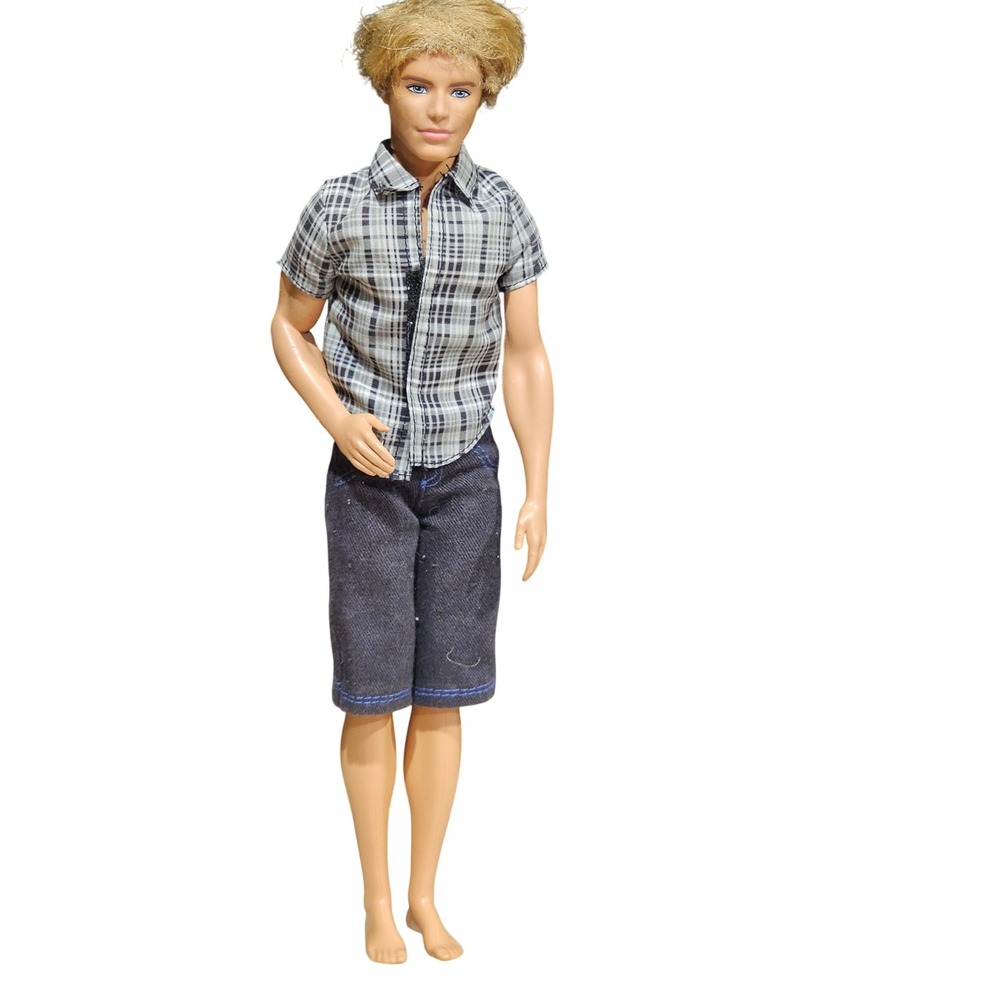 Mattel Ken Doll Blonde Rooted Hair Blue Eyes Plaid Shirt Denim Shorts 1186MJ